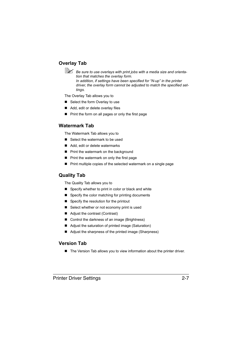 Overlay tab, Watermark tab, Quality tab | Version tab, Printer driver settings 2-7 overlay tab | Konica Minolta magicolor 1600W User Manual | Page 26 / 125