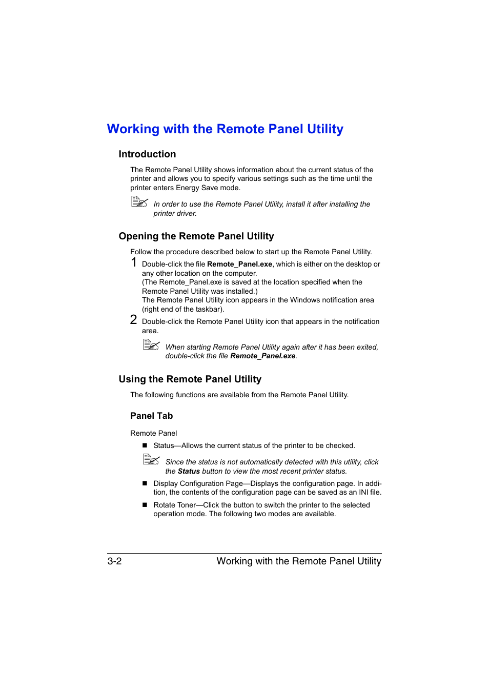 Working with the remote panel utility, Introduction, Opening the remote panel utility | Using the remote panel utility, Panel tab, Working with the remote panel utility -2, Panel tab -2 | Konica Minolta magicolor 1600W User Manual | Page 29 / 125