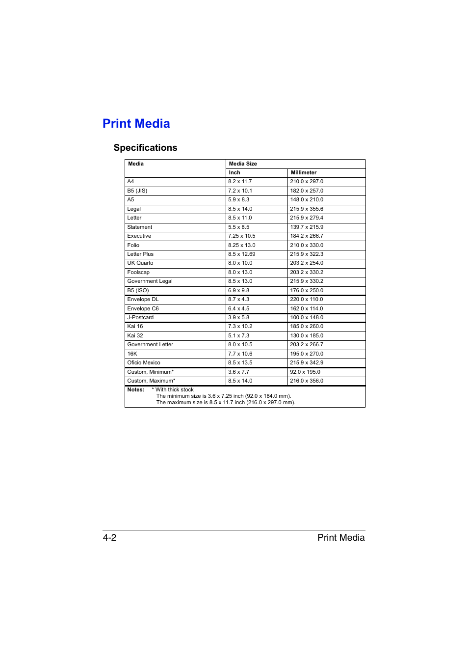 Print media, Specifications, Print media -2 | Specifications -2, Print media 4-2 | Konica Minolta magicolor 1600W User Manual | Page 35 / 125