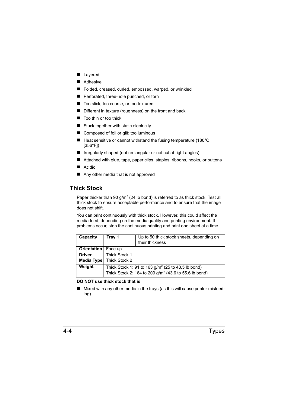 Thick stock, Thick stock -4, Types 4-4 | Konica Minolta magicolor 1600W User Manual | Page 37 / 125