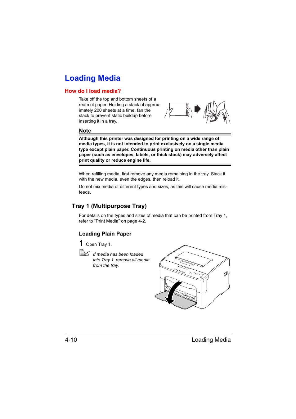 Loading media, Tray 1 (multipurpose tray), Loading plain paper | Loading media -10, Tray 1 (multipurpose tray) -10, Loading plain paper -10 | Konica Minolta magicolor 1600W User Manual | Page 43 / 125