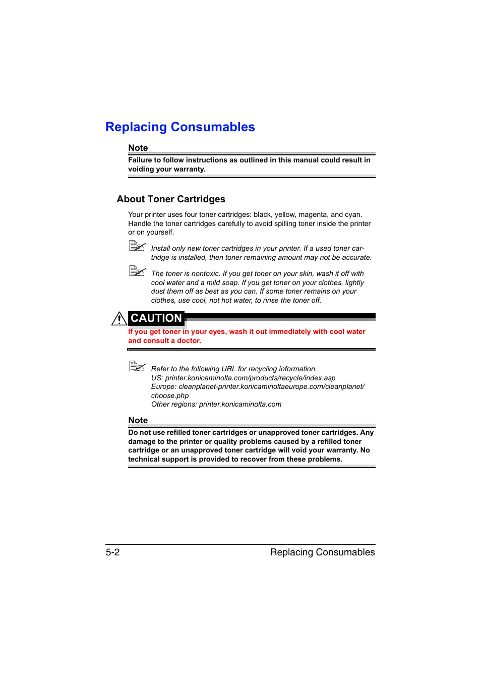Replacing consumables, About toner cartridges, Replacing consumables -2 | About toner cartridges -2 | Konica Minolta magicolor 1600W User Manual | Page 51 / 125