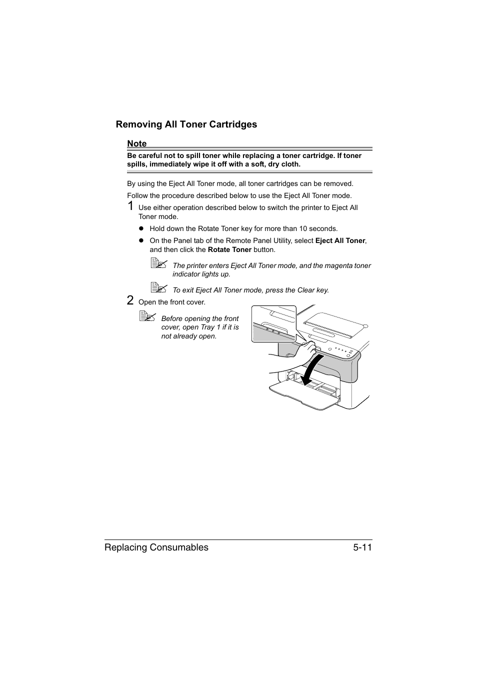 Removing all toner cartridges, Removing all toner cartridges -11 | Konica Minolta magicolor 1600W User Manual | Page 60 / 125
