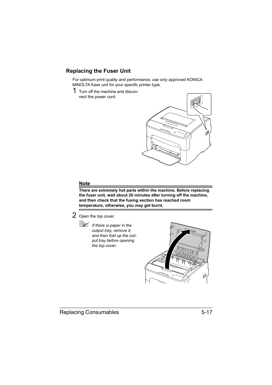 Replacing the fuser unit, Replacing the fuser unit -17 | Konica Minolta magicolor 1600W User Manual | Page 66 / 125
