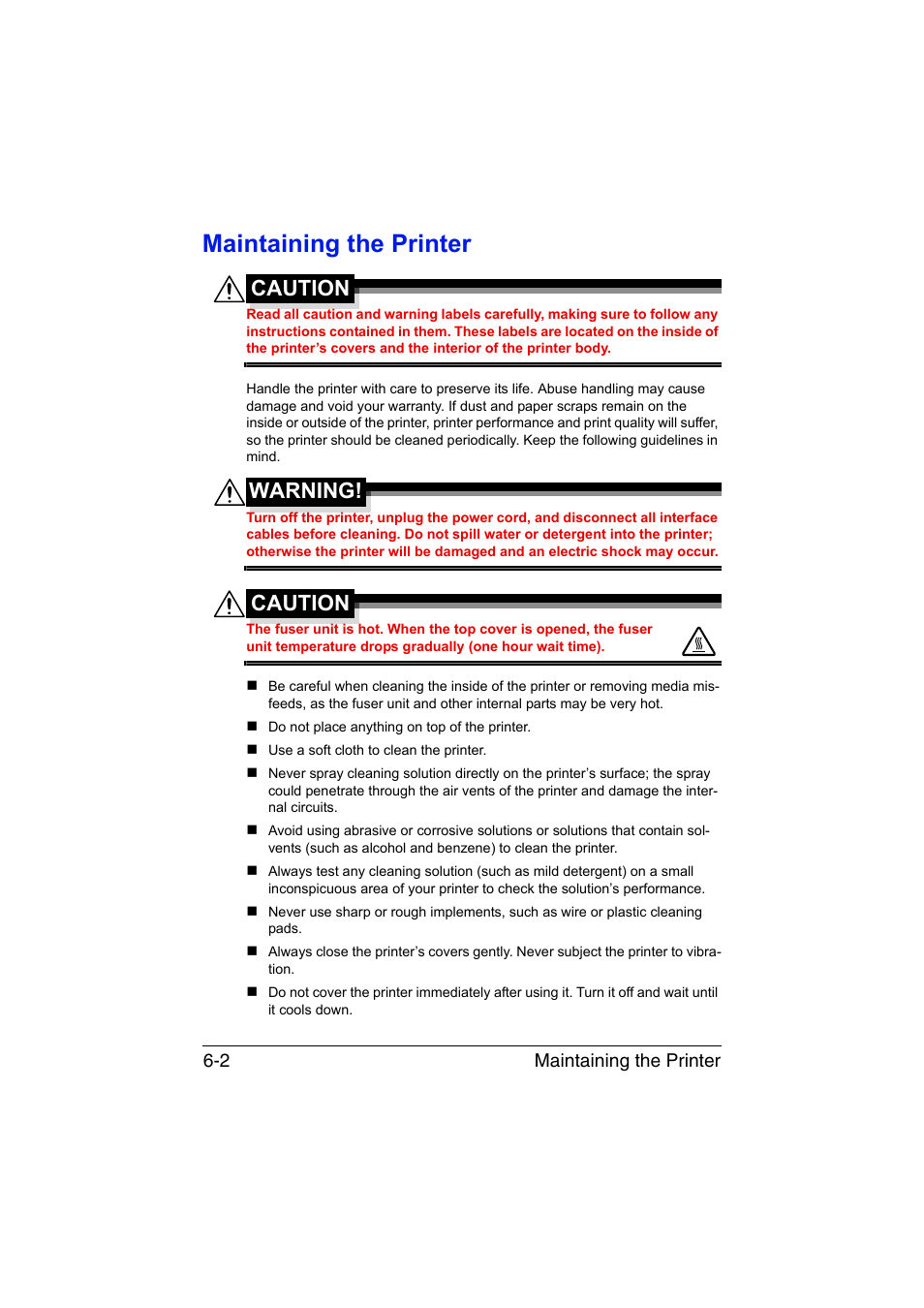 Maintaining the printer, Maintaining the printer -2, Caution | Warning | Konica Minolta magicolor 1600W User Manual | Page 73 / 125