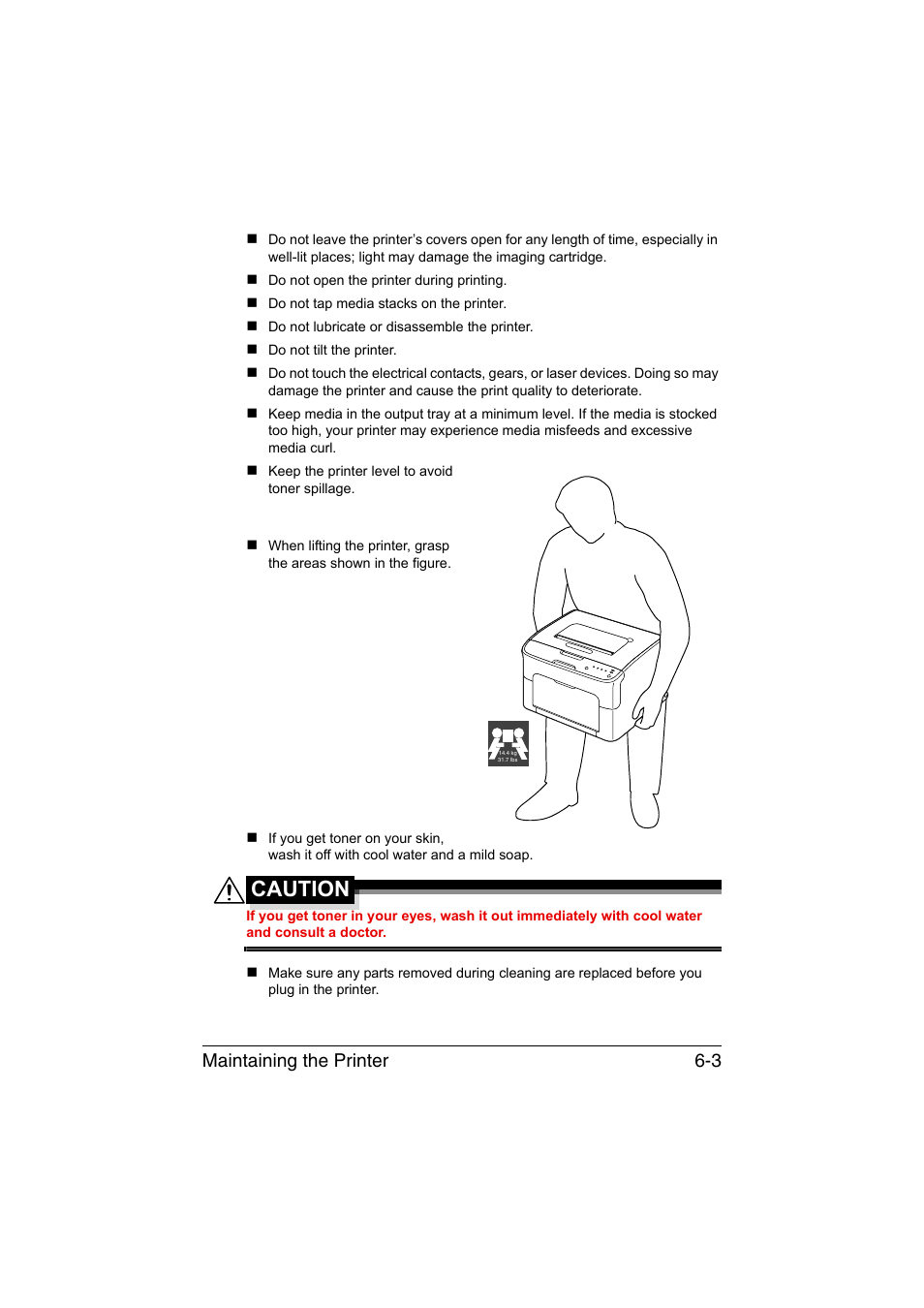 Caution, Maintaining the printer 6-3 | Konica Minolta magicolor 1600W User Manual | Page 74 / 125