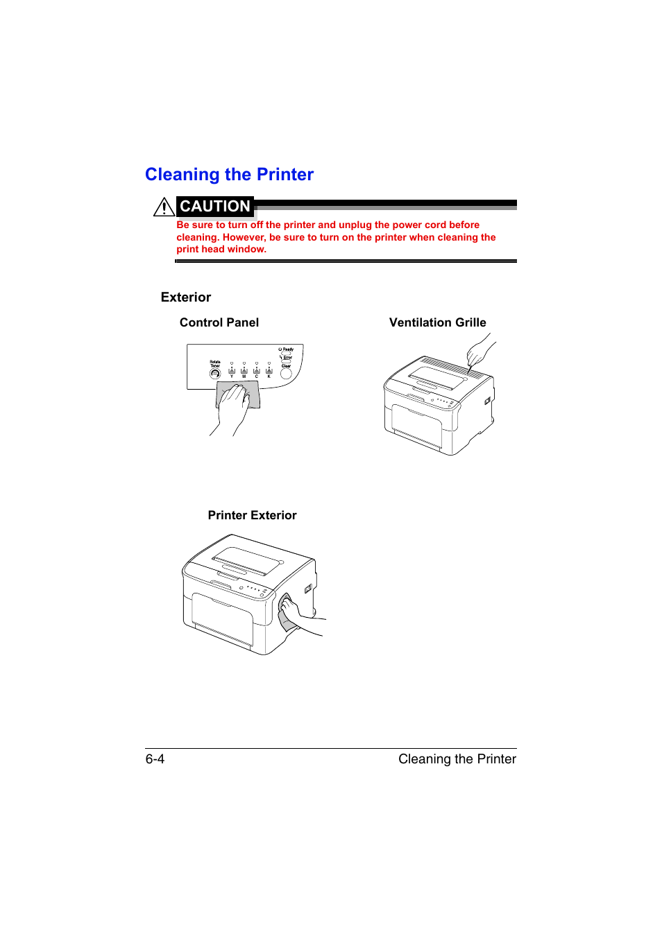 Cleaning the printer, Exterior, Cleaning the printer -4 | Exterior -4, Caution, Cleaning the printer 6-4, Control panel ventilation grille printer exterior | Konica Minolta magicolor 1600W User Manual | Page 75 / 125