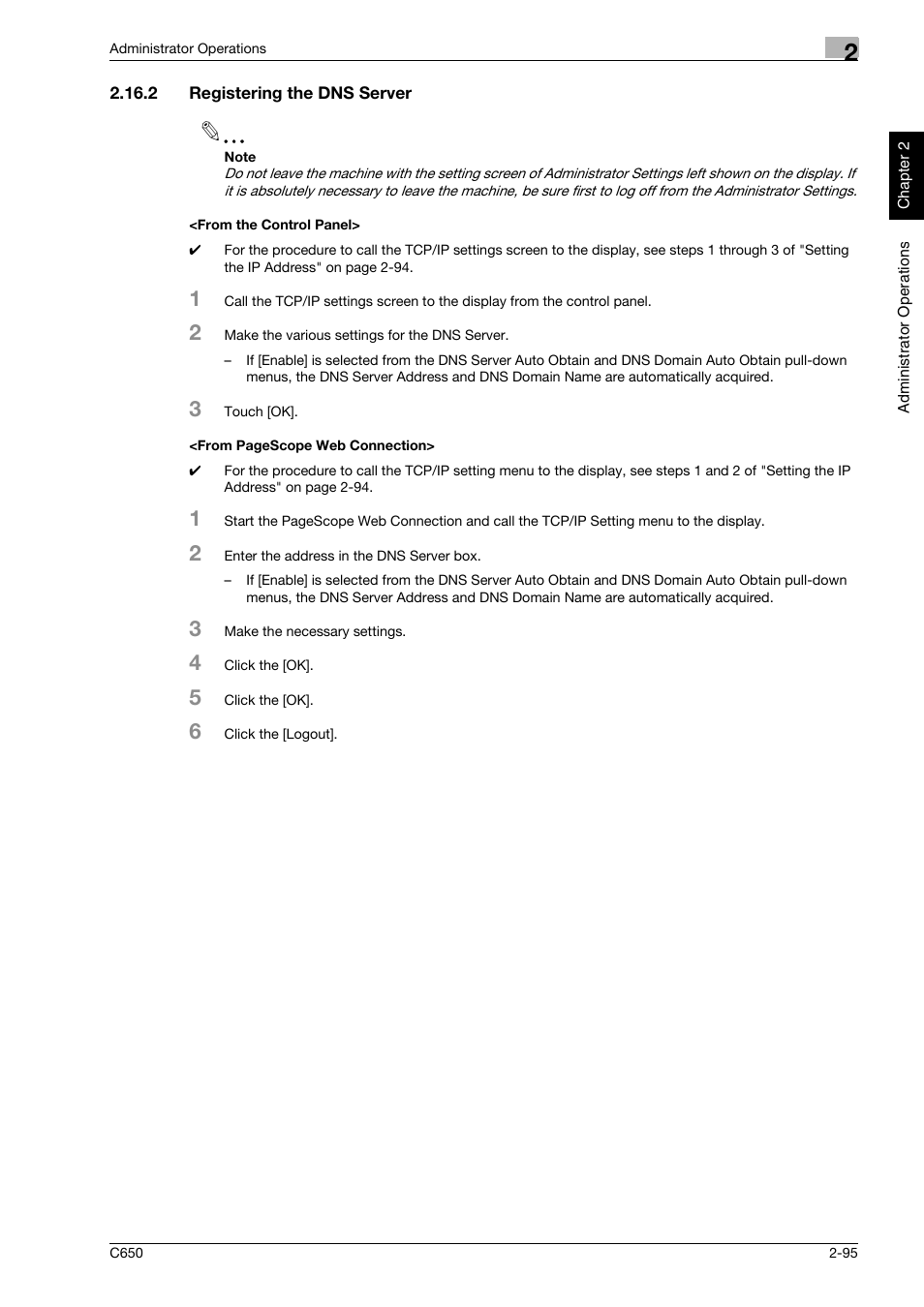 2 registering the dns server, From the control panel | Konica Minolta bizhub C650 User Manual | Page 110 / 192