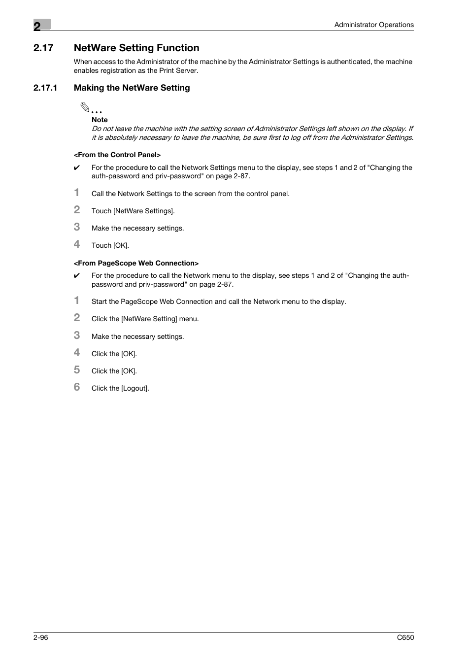 17 netware setting function, 1 making the netware setting, From the control panel | Netware setting function -96 | Konica Minolta bizhub C650 User Manual | Page 111 / 192