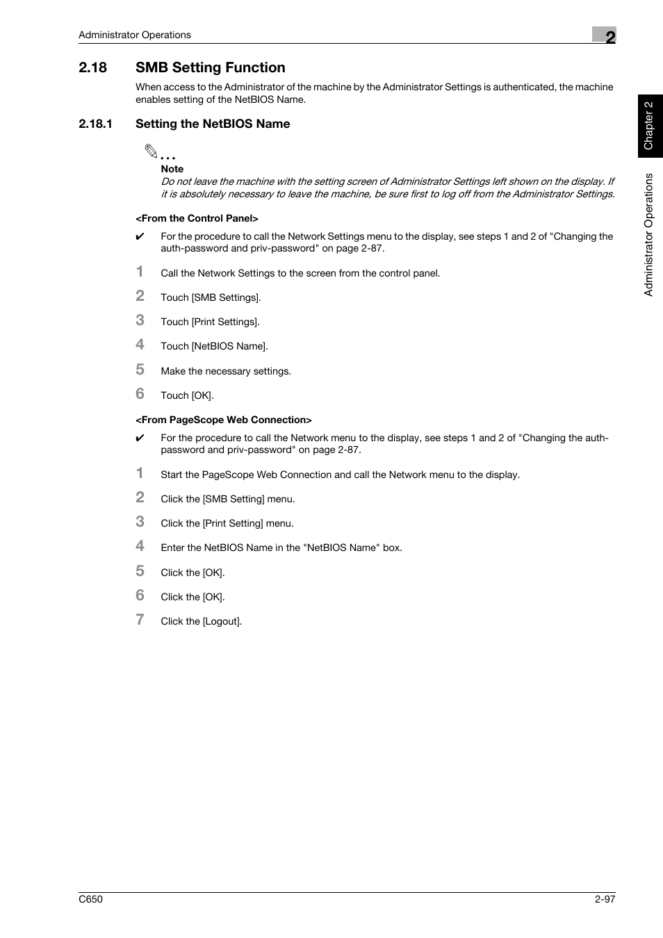 18 smb setting function, 1 setting the netbios name, From the control panel | Smb setting function -97 | Konica Minolta bizhub C650 User Manual | Page 112 / 192