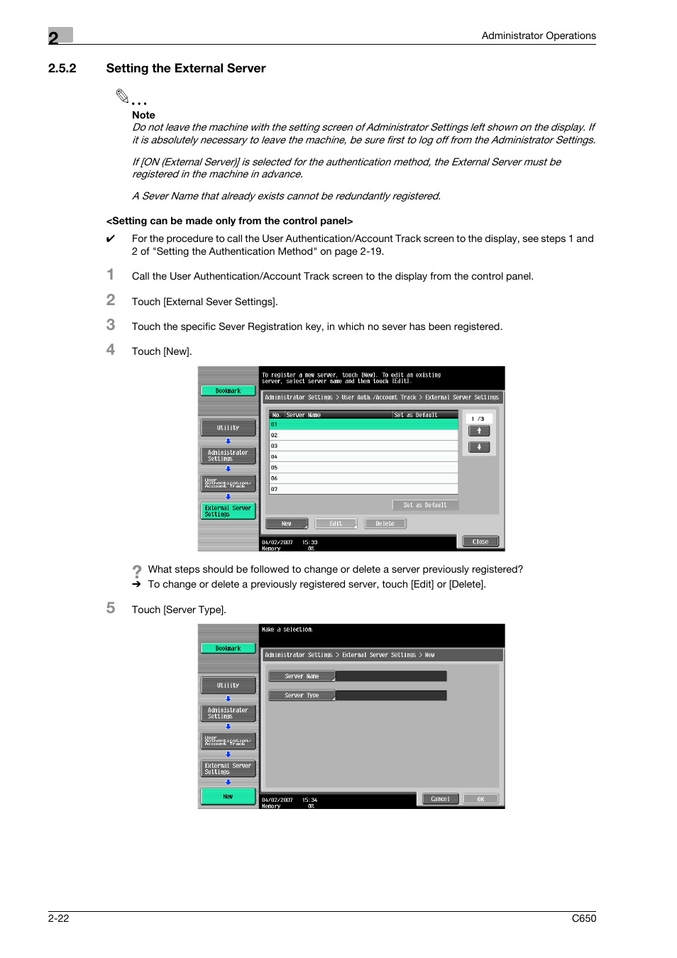 2 setting the external server, Setting can be made only from the control panel | Konica Minolta bizhub C650 User Manual | Page 37 / 192