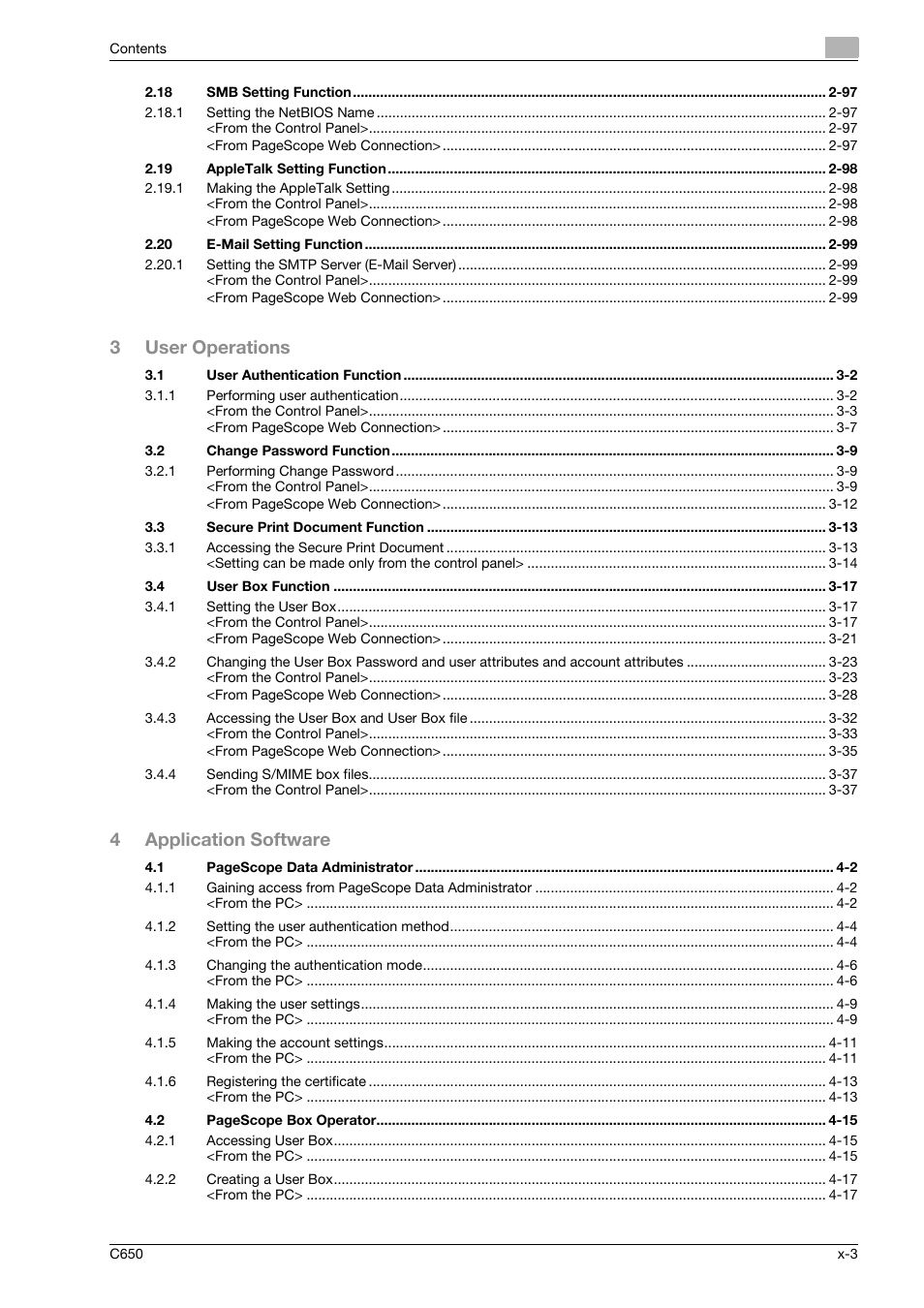 3user operations, 4application software | Konica Minolta bizhub C650 User Manual | Page 4 / 192