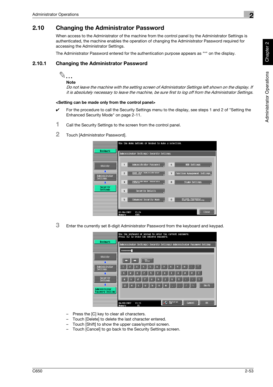 10 changing the administrator password, 1 changing the administrator password, Setting can be made only from the control panel | Changing the administrator password -53 | Konica Minolta bizhub C650 User Manual | Page 68 / 192