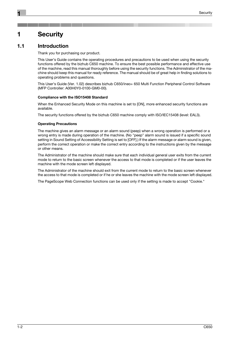 1 introduction, Compliance with the iso15408 standard, Operating precautions | Security, 1security | Konica Minolta bizhub C650 User Manual | Page 7 / 192