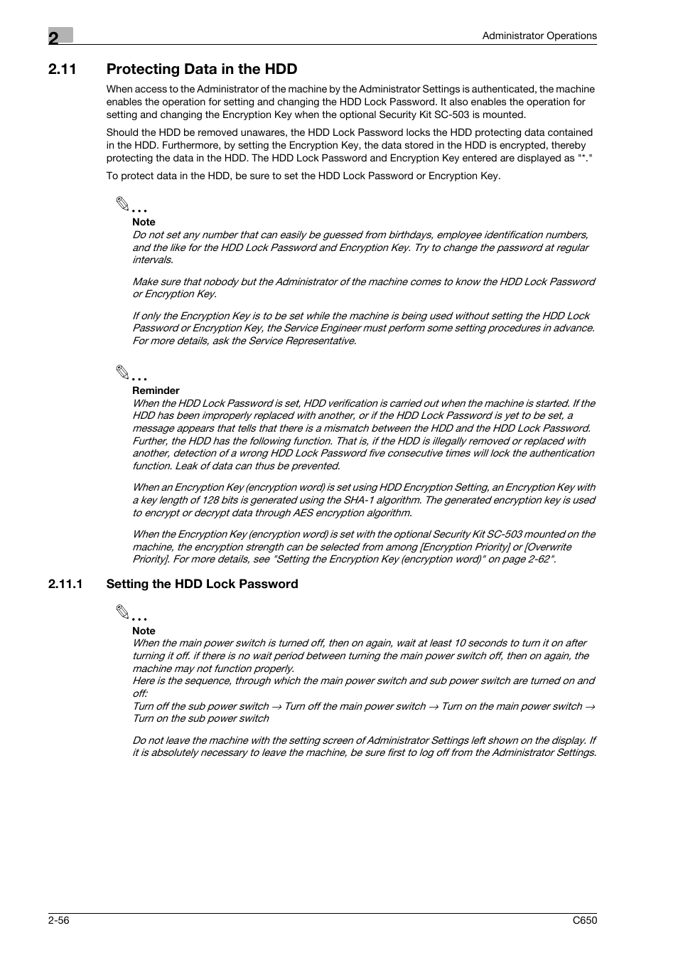 11 protecting data in the hdd, 1 setting the hdd lock password, Protecting data in the hdd -56 | Setting the hdd lock password -56 | Konica Minolta bizhub C650 User Manual | Page 71 / 192