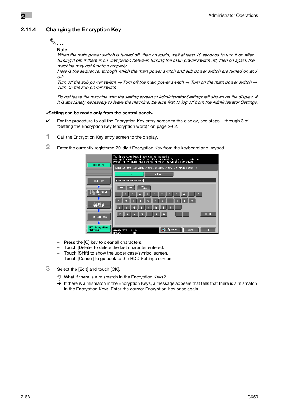 4 changing the encryption key, Setting can be made only from the control panel | Konica Minolta bizhub C650 User Manual | Page 83 / 192