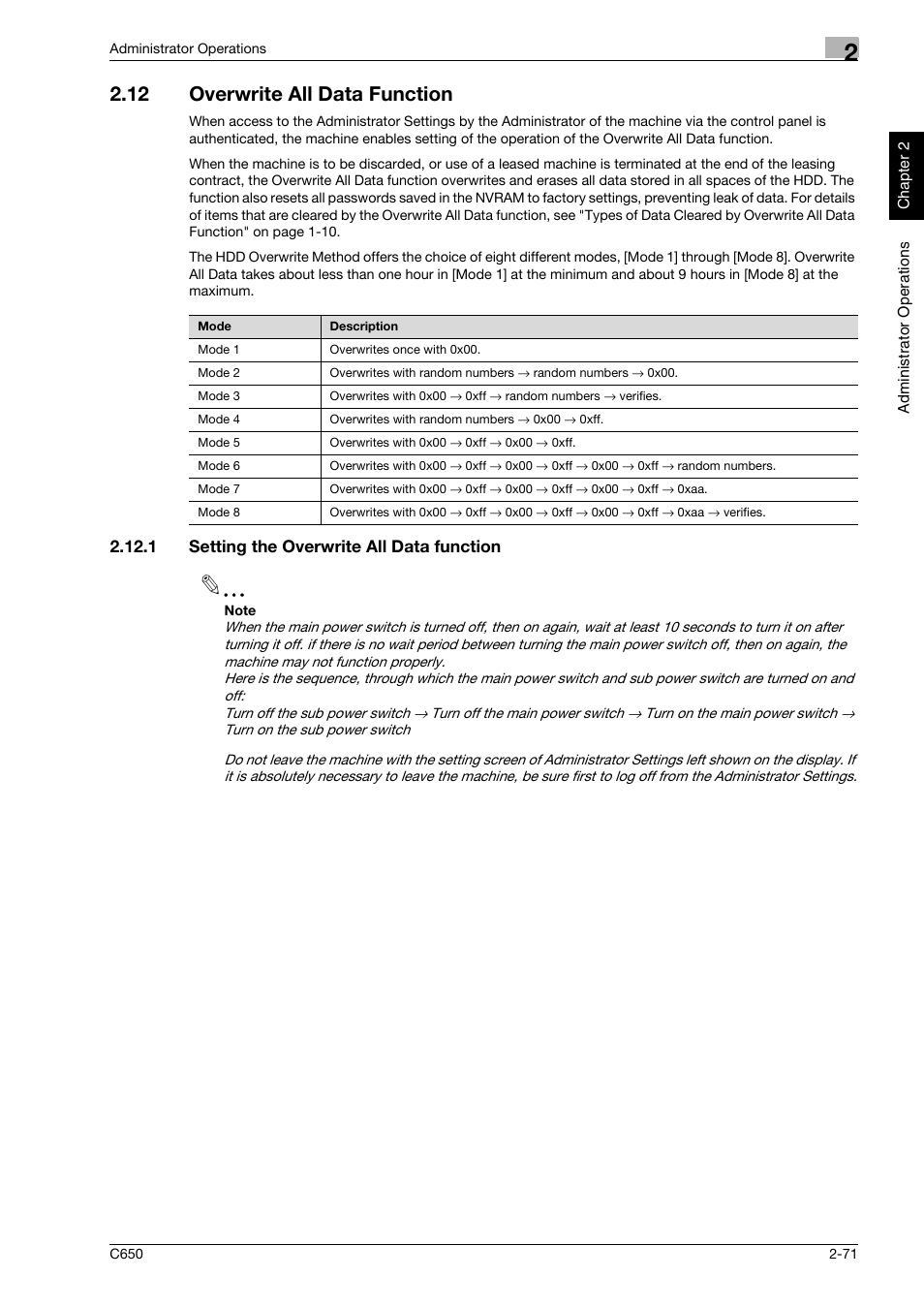 12 overwrite all data function, 1 setting the overwrite all data function, Overwrite all data function -71 | Setting the overwrite all data function -71 | Konica Minolta bizhub C650 User Manual | Page 86 / 192