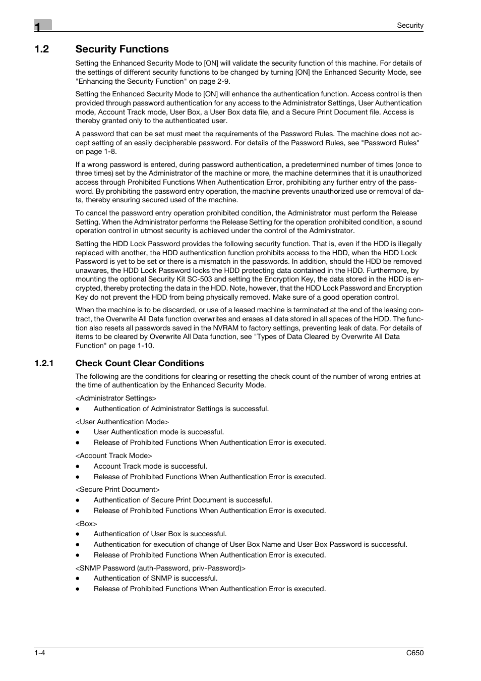 2 security functions, 1 check count clear conditions, Security functions -4 | Check count clear conditions -4 | Konica Minolta bizhub C650 User Manual | Page 9 / 192