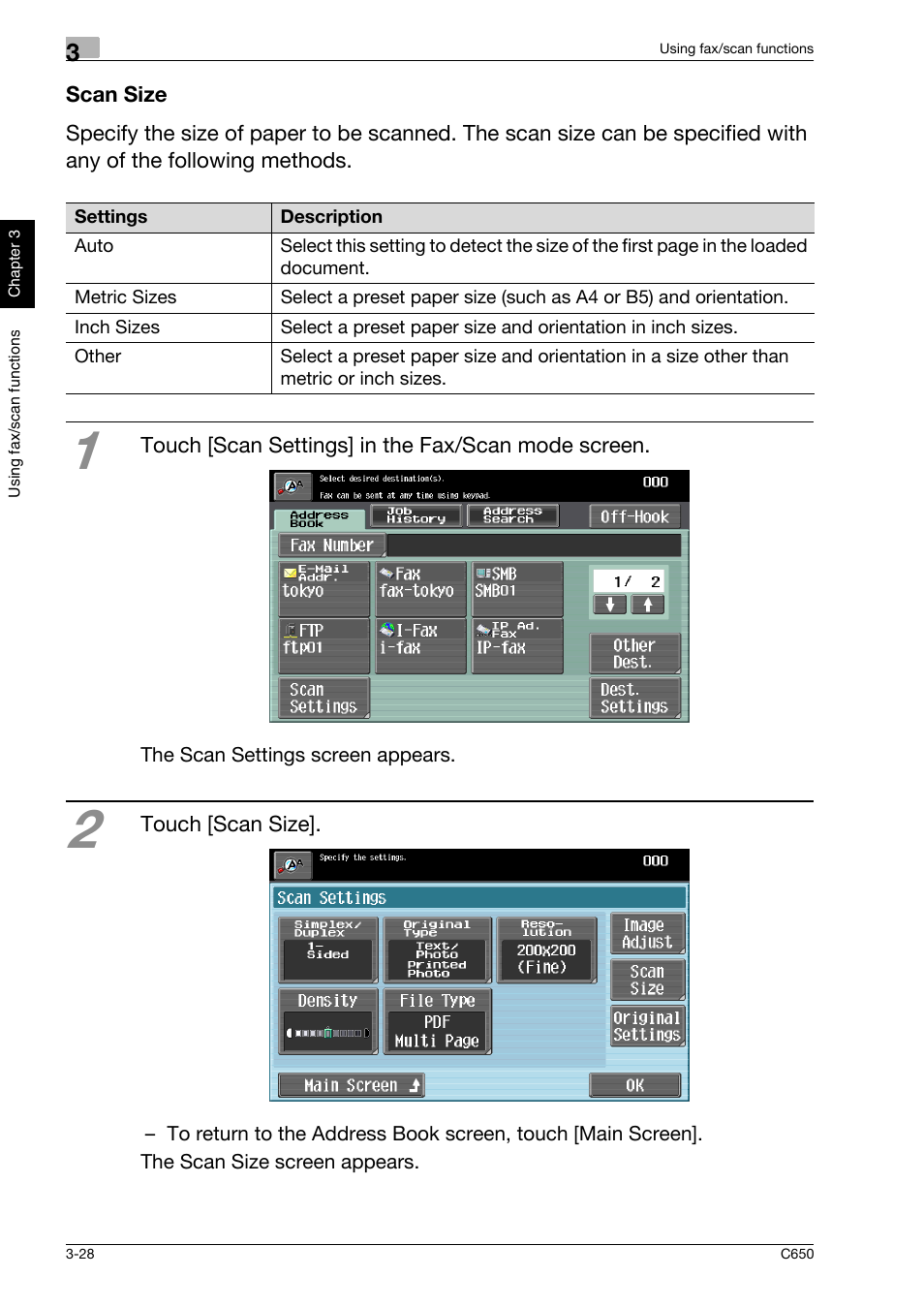 Scan size, Scan size -28 | Konica Minolta bizhub C650 User Manual | Page 101 / 118