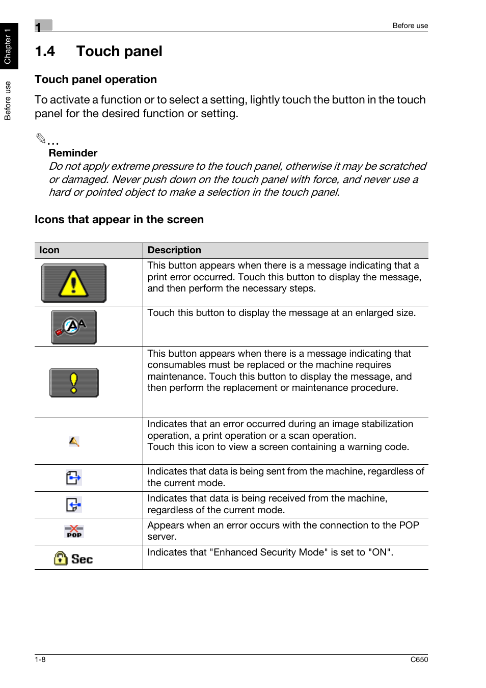 4 touch panel, Touch panel operation, Icons that appear in the screen | 4 touch panel -8 | Konica Minolta bizhub C650 User Manual | Page 15 / 118