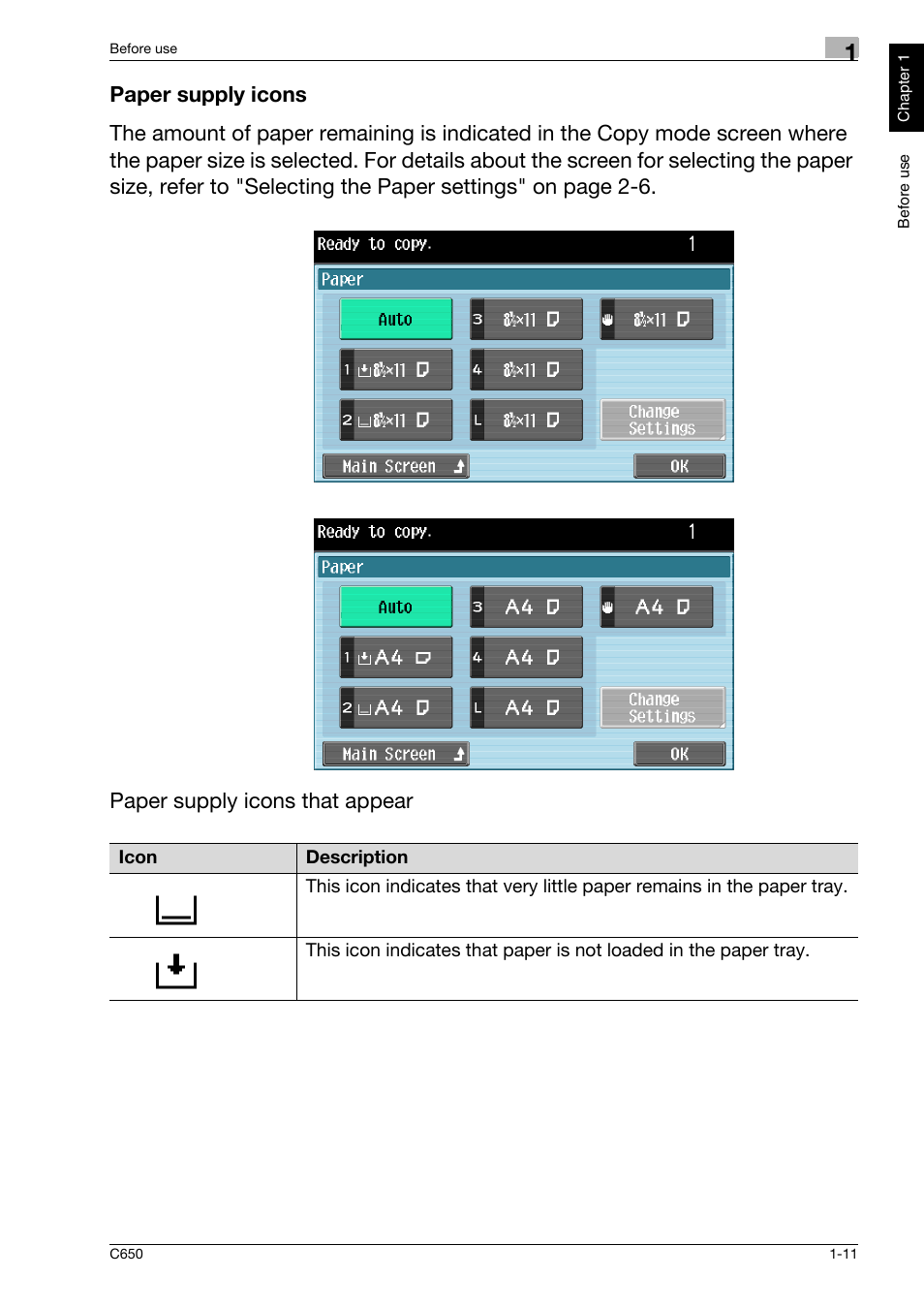 Paper supply icons, Paper supply icons -11 | Konica Minolta bizhub C650 User Manual | Page 18 / 118