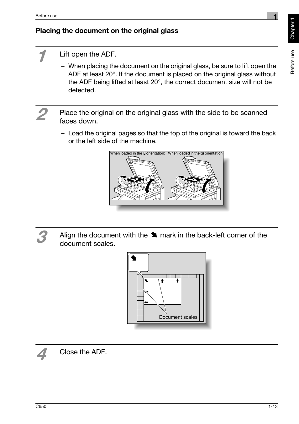 Placing the document on the original glass, Placing the document on the original glass -13 | Konica Minolta bizhub C650 User Manual | Page 20 / 118