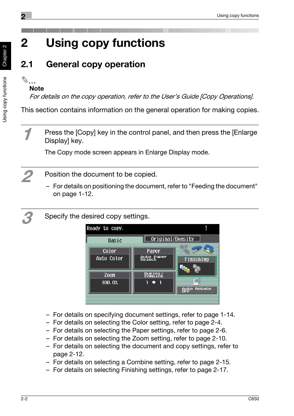 2 using copy functions, 1 general copy operation, 1 general copy operation -2 | 2using copy functions | Konica Minolta bizhub C650 User Manual | Page 31 / 118