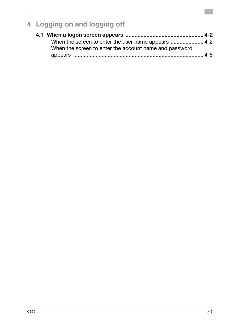 4 logging on and logging off | Konica Minolta bizhub C650 User Manual | Page 6 / 118