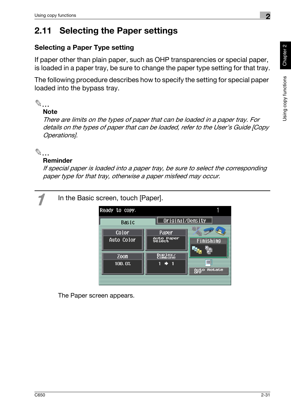 11 selecting the paper settings, Selecting a paper type setting, 11selecting the paper settings -31 | Selecting a paper type setting -31 | Konica Minolta bizhub C650 User Manual | Page 60 / 118