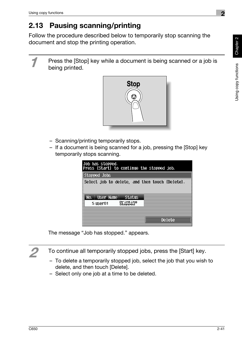 13 pausing scanning/printing, 13pausing scanning/printing -41 | Konica Minolta bizhub C650 User Manual | Page 70 / 118