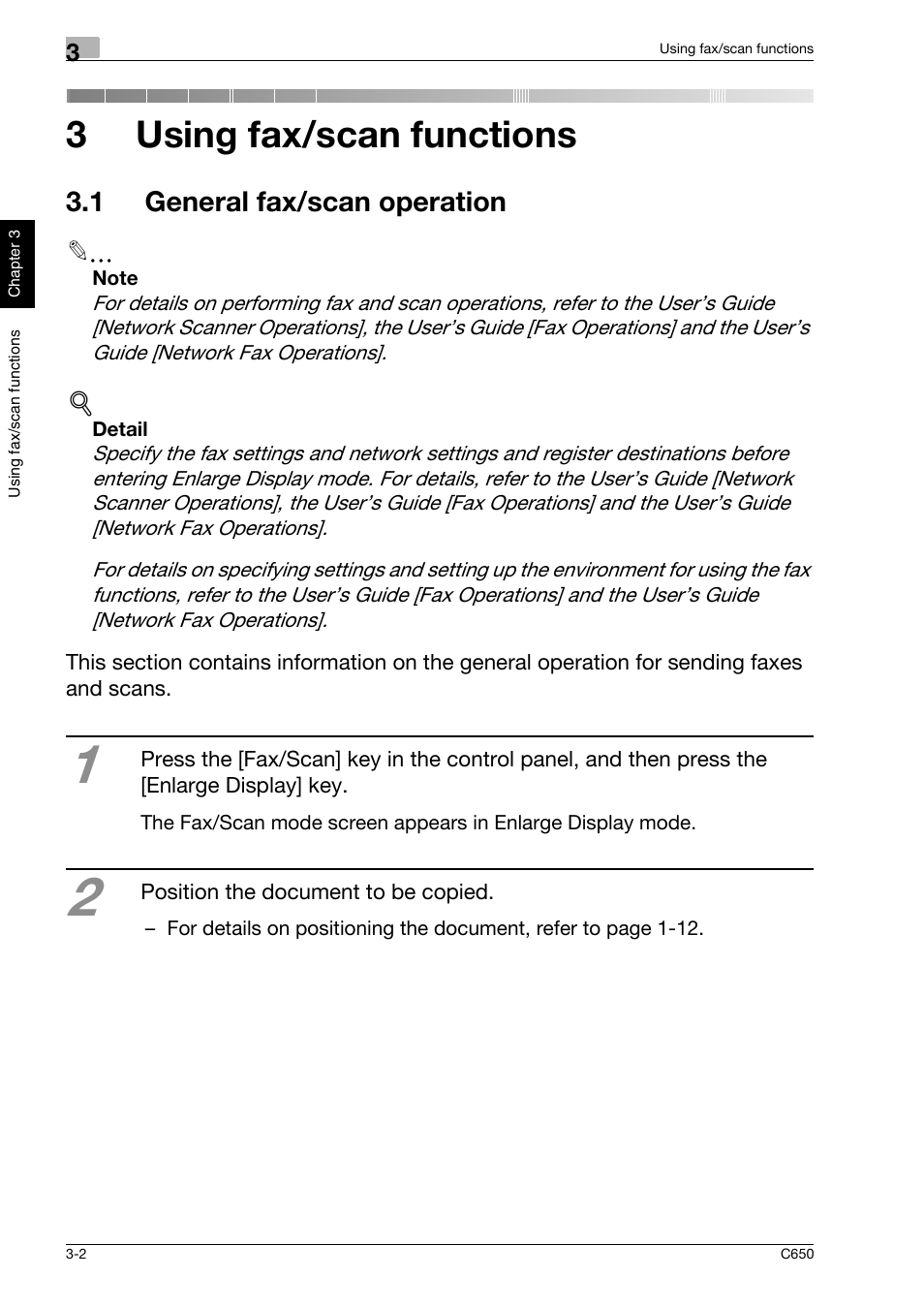 3 using fax/scan functions, 1 general fax/scan operation, 1 general fax/scan operation -2 | 3using fax/scan functions | Konica Minolta bizhub C650 User Manual | Page 75 / 118