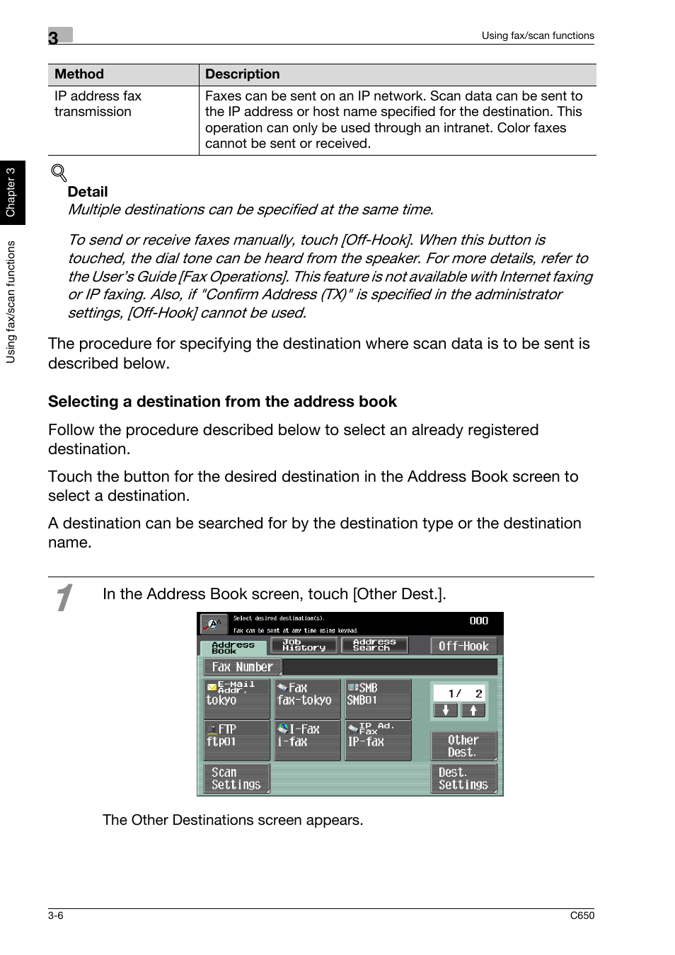 Selecting a destination from the address book, Selecting a destination from the address book -6 | Konica Minolta bizhub C650 User Manual | Page 79 / 118