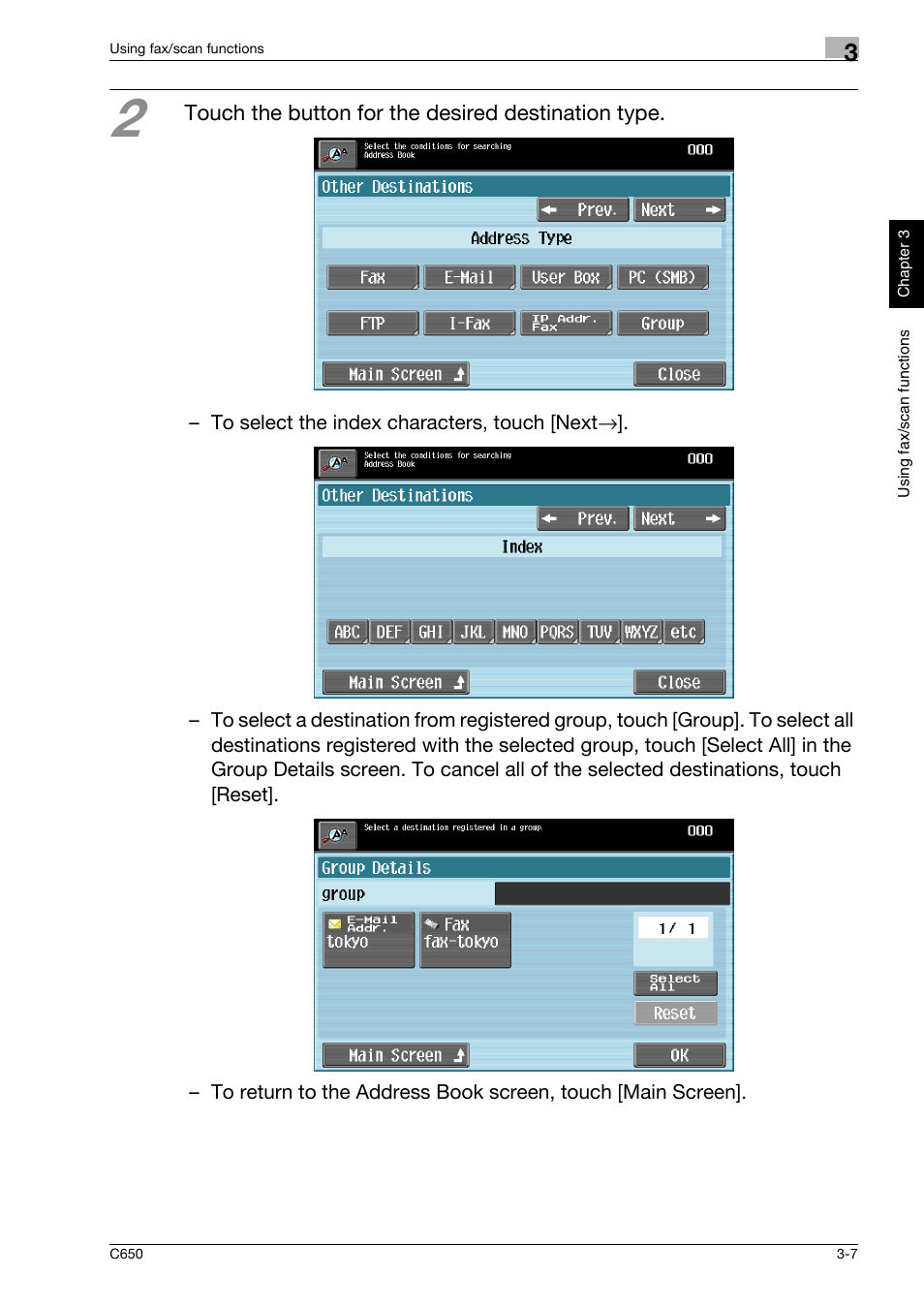 Touch the button for the desired destination type | Konica Minolta bizhub C650 User Manual | Page 80 / 118