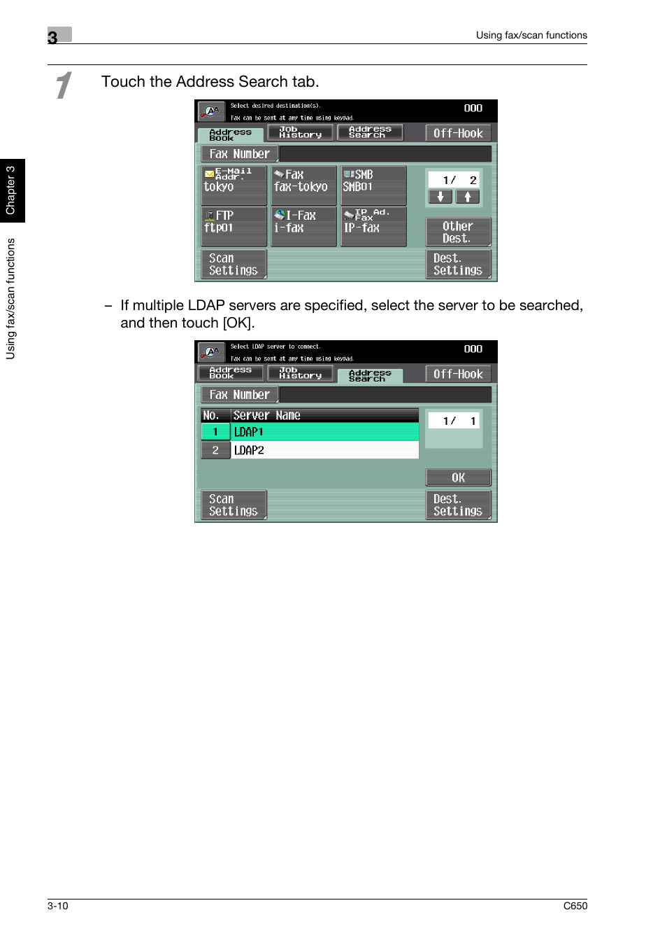 Touch the address search tab | Konica Minolta bizhub C650 User Manual | Page 83 / 118