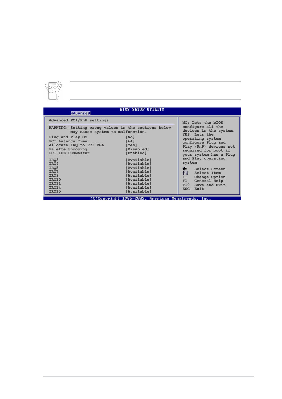 4 pci pnp, Plug and play o/s [no, Pci latency timer [64 | Allocate irq to pci vga [yes, Irq xx [available | Asus P4V533-MX User Manual | Page 47 / 60