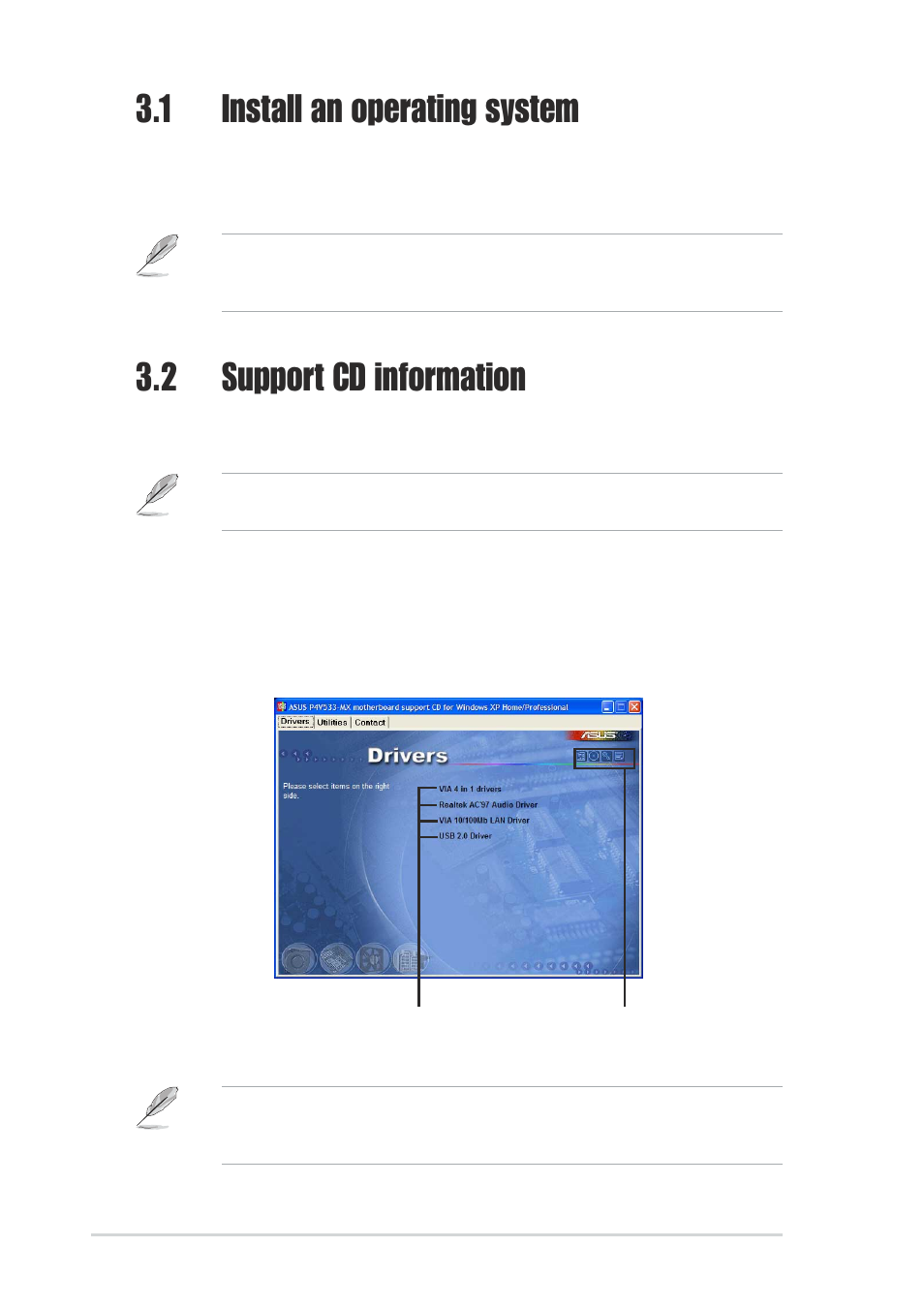 1 install an operating system, 2 support cd information, 1 running the support cd | Asus P4V533-MX User Manual | Page 58 / 60