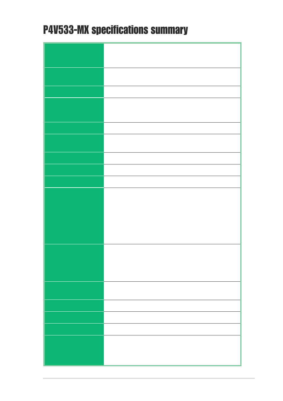P4v533-mx specifications summary | Asus P4V533-MX User Manual | Page 9 / 60
