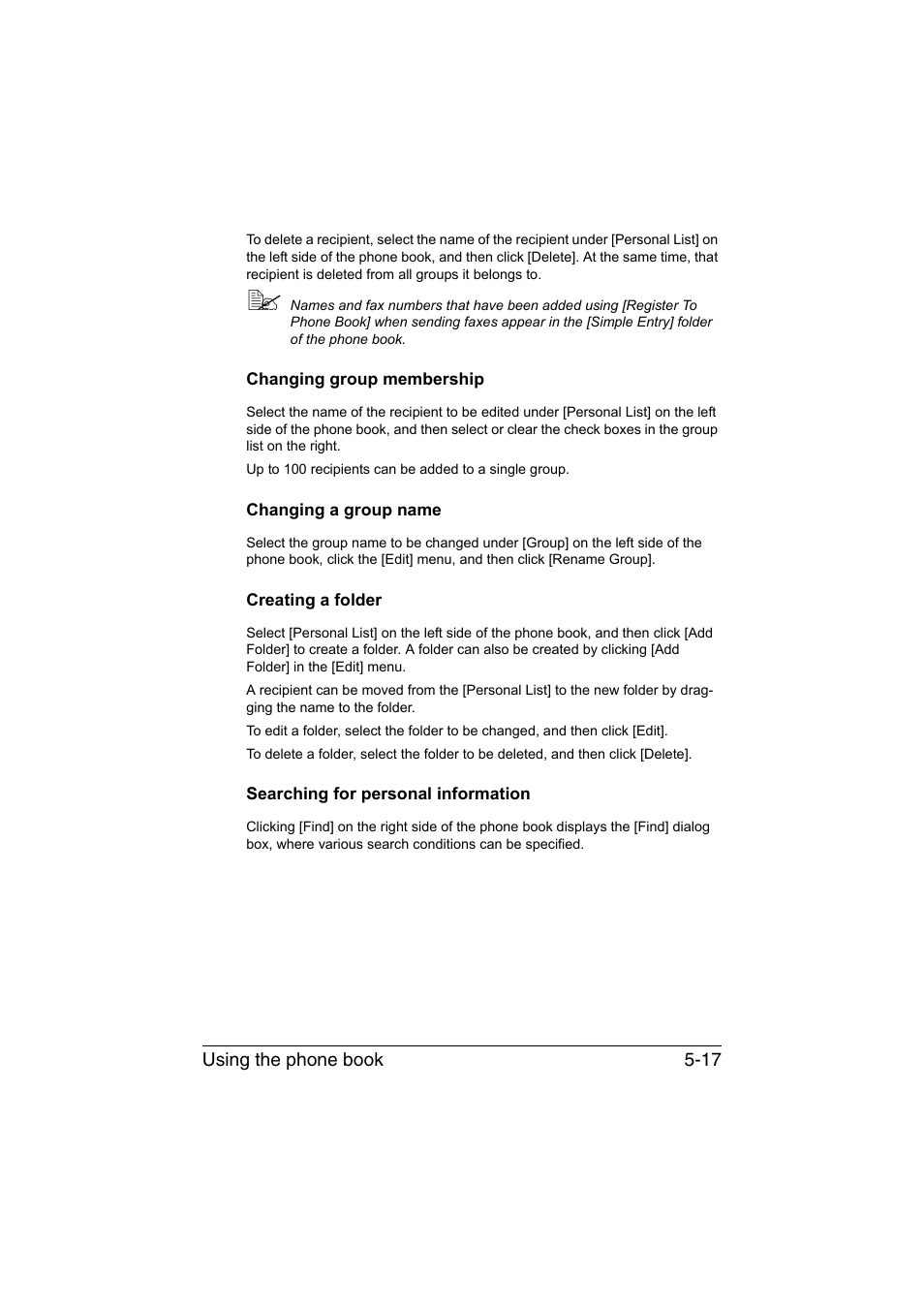 Changing group membership, Changing a group name, Creating a folder | Searching for personal information | Konica Minolta bizhub C35 User Manual | Page 100 / 140