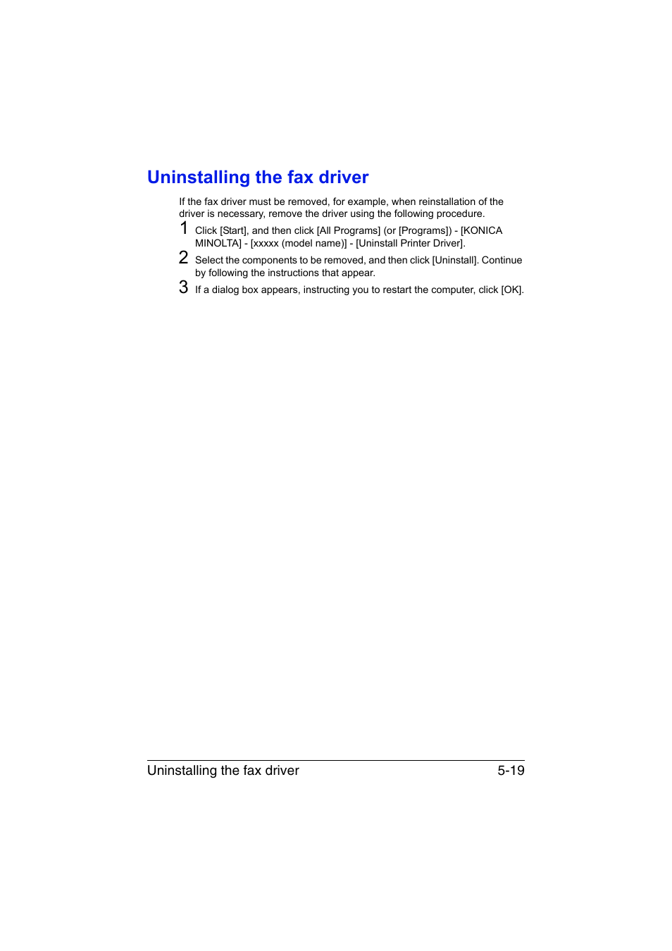 Uninstalling the fax driver, Uninstalling the fax driver -19 | Konica Minolta bizhub C35 User Manual | Page 102 / 140