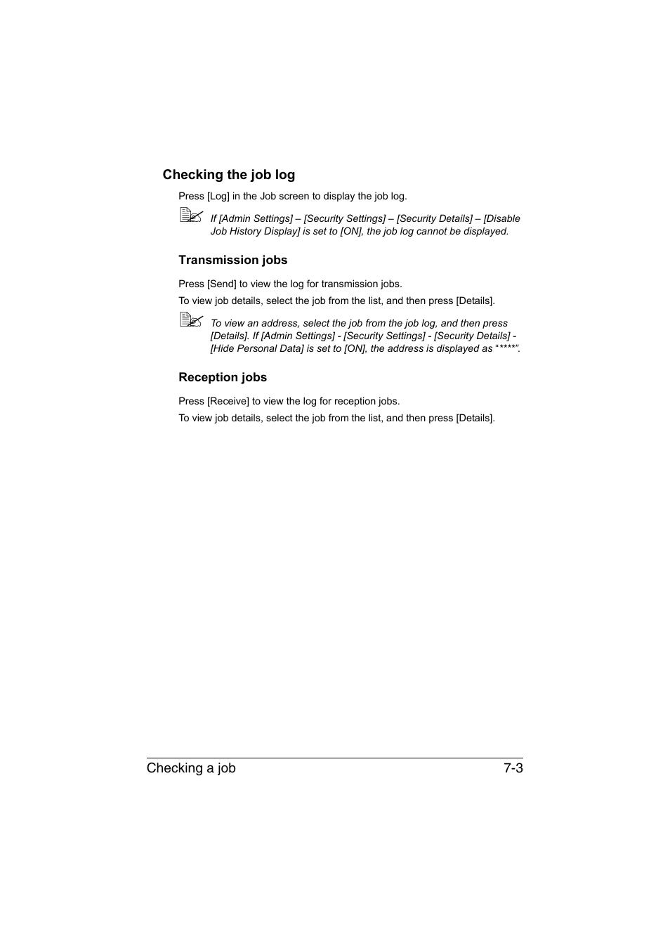 Checking the job log, Transmission jobs, Reception jobs | Checking the job log -3, Transmission jobs -3 reception jobs -3 | Konica Minolta bizhub C35 User Manual | Page 112 / 140