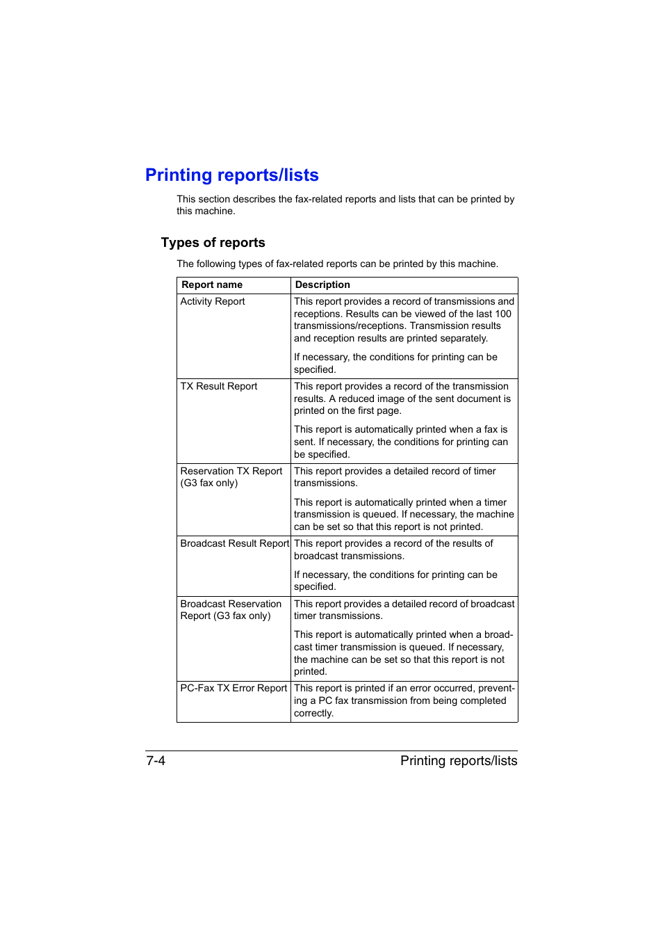 Printing reports/lists, Types of reports, Printing reports/lists -4 | Types of reports -4, Printing reports/lists 7-4 | Konica Minolta bizhub C35 User Manual | Page 113 / 140