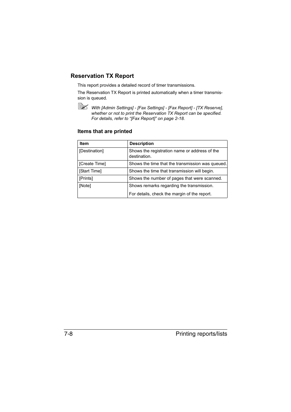 Reservation tx report, Items that are printed, Reservation tx report -8 | Items that are printed -8 | Konica Minolta bizhub C35 User Manual | Page 117 / 140