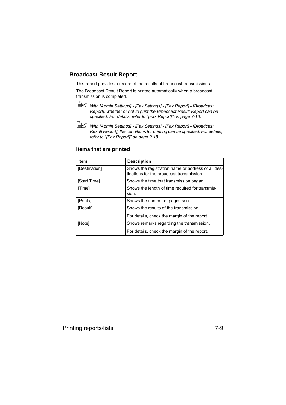 Broadcast result report, Items that are printed, Broadcast result report -9 | Items that are printed -9 | Konica Minolta bizhub C35 User Manual | Page 118 / 140