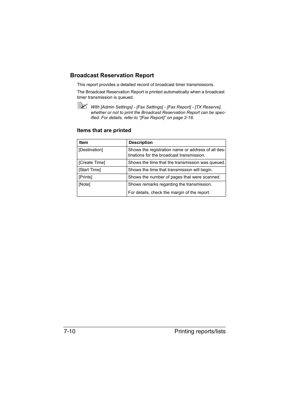 Broadcast reservation report, Items that are printed, Broadcast reservation report -10 | Items that are printed -10 | Konica Minolta bizhub C35 User Manual | Page 119 / 140