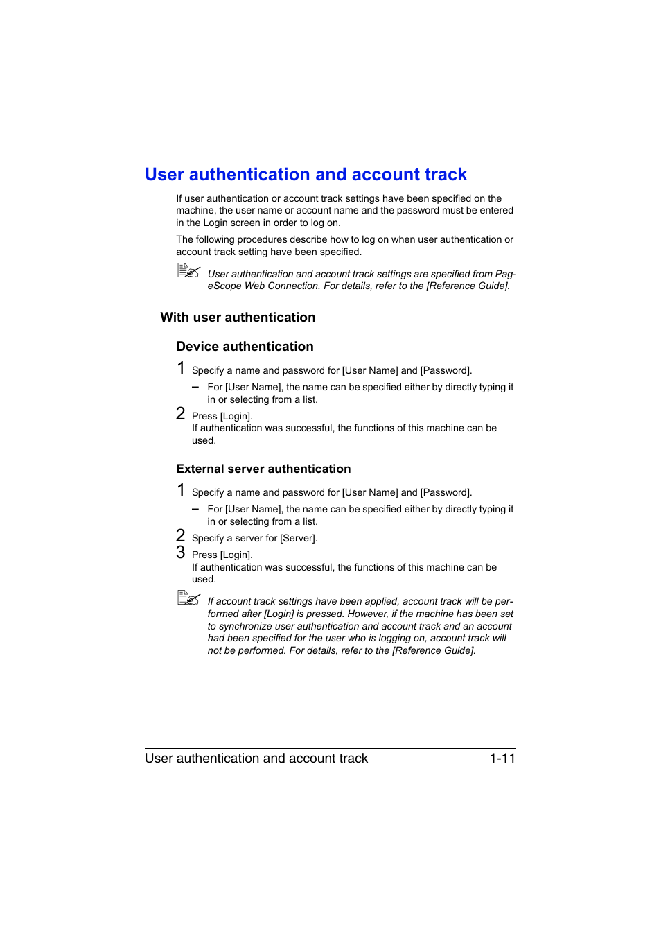 User authentication and account track, With user authentication, Device authentication | External server authentication, User authentication and account track -11, With user authentication -11 | Konica Minolta bizhub C35 User Manual | Page 20 / 140