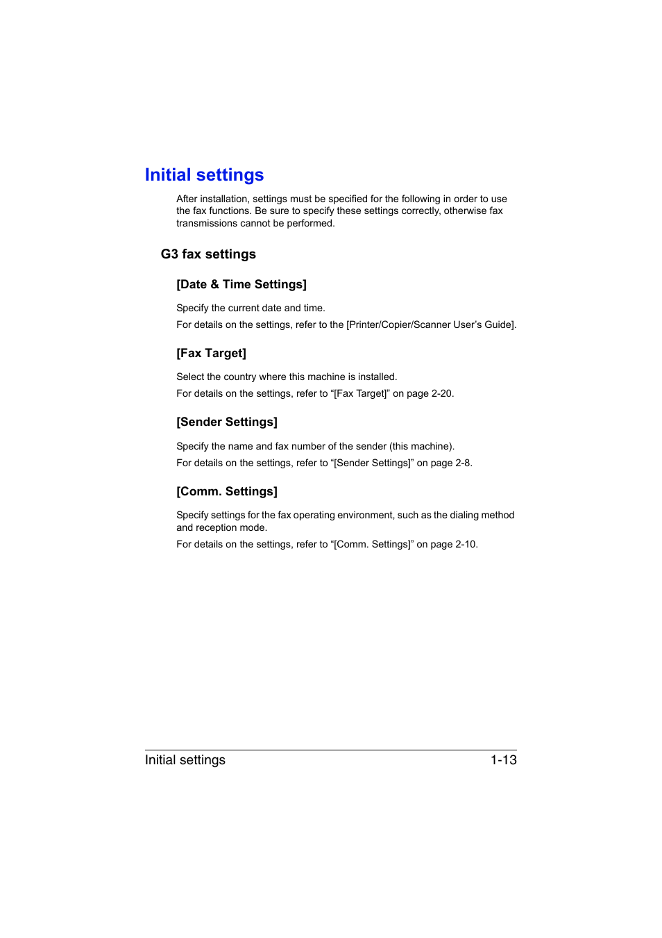 Initial settings, G3 fax settings, Date & time settings | Fax target, Sender settings, Comm. settings, Initial settings -13, G3 fax settings -13 | Konica Minolta bizhub C35 User Manual | Page 22 / 140