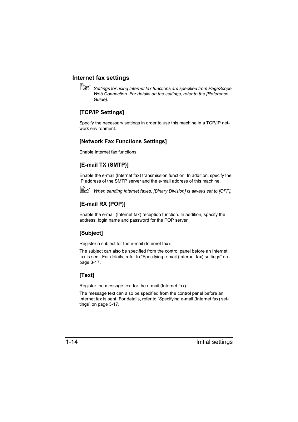 Internet fax settings, Tcp/ip settings, Network fax functions settings | E-mail tx (smtp), E-mail rx (pop), Subject, Text, Internet fax settings -14 | Konica Minolta bizhub C35 User Manual | Page 23 / 140