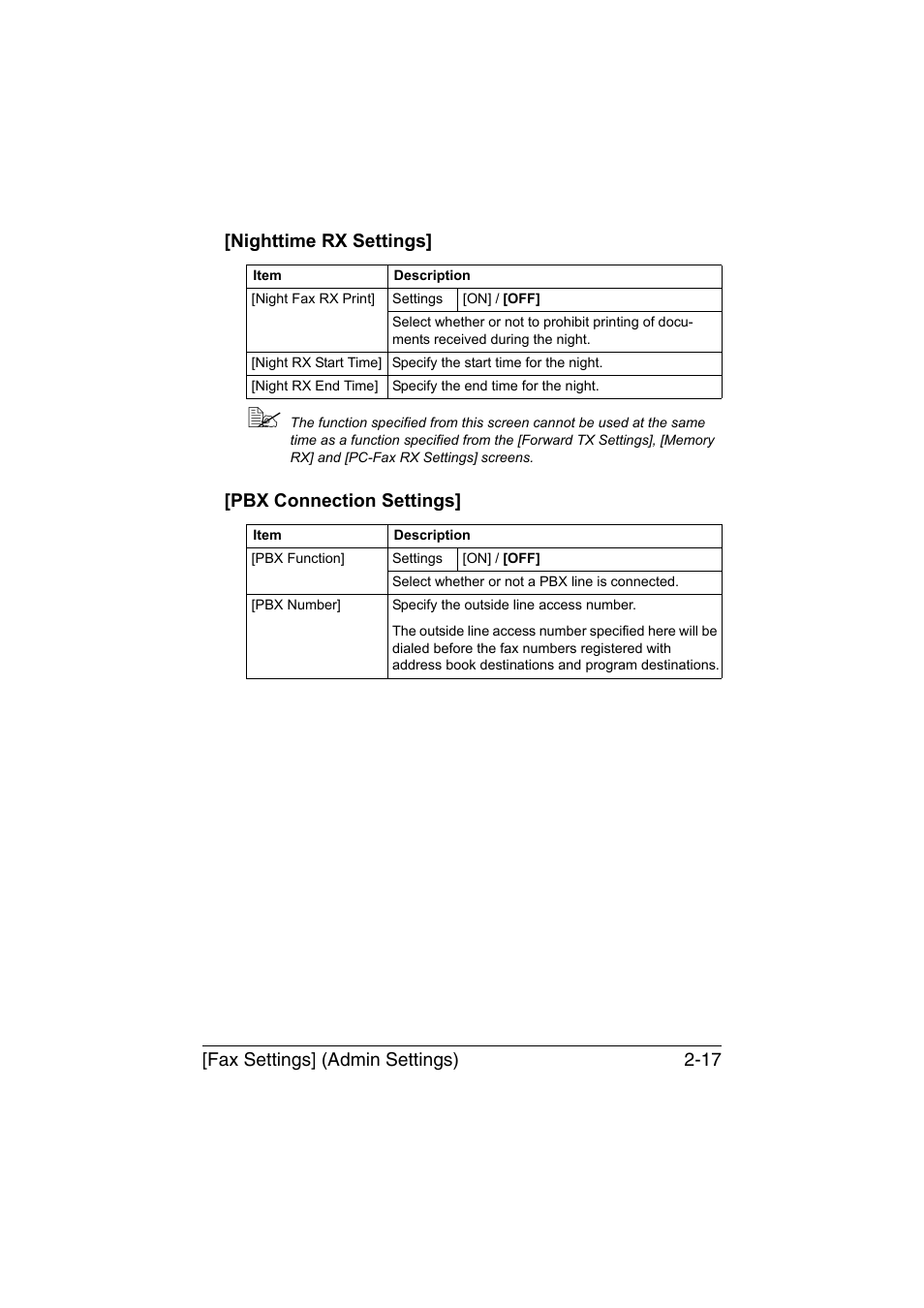 Nighttime rx settings, Pbx connection settings | Konica Minolta bizhub C35 User Manual | Page 42 / 140