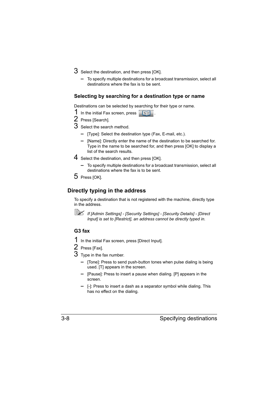 Directly typing in the address, G3 fax, Directly typing in the address -8 | G3 fax -8 | Konica Minolta bizhub C35 User Manual | Page 53 / 140