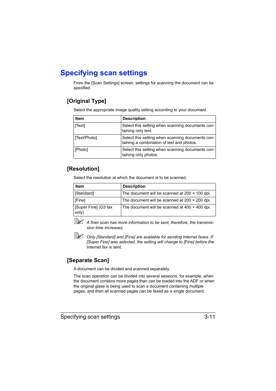 Specifying scan settings, Original type, Resolution | Separate scan, Specifying scan settings -11 | Konica Minolta bizhub C35 User Manual | Page 56 / 140